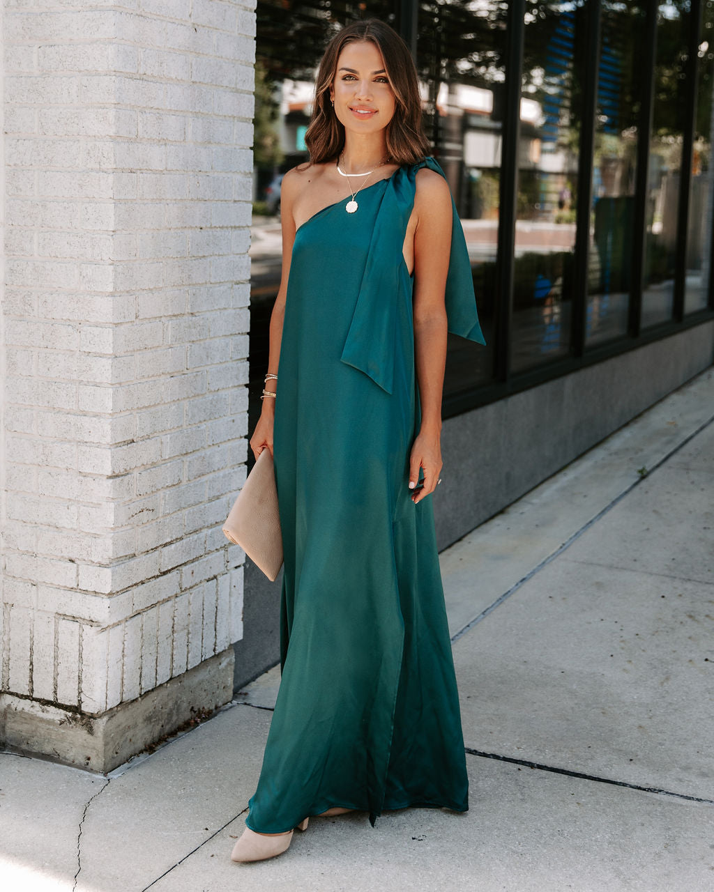 Invite Only Satin One Shoulder Maxi Dress - Dark Green
