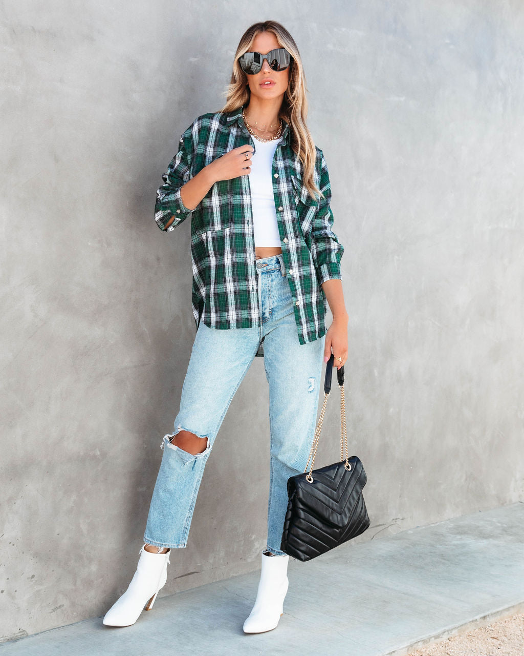 Evergreen Plaid Button Down Top