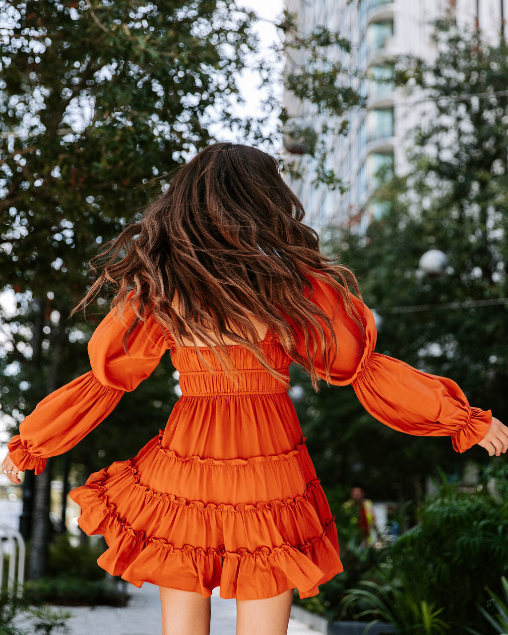 Unrequited Romance Tiered Front Tie Mini Dress - Burnt Orange