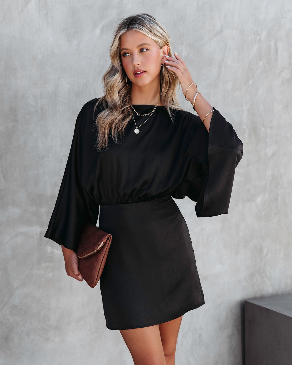 Ever Mine Satin Wide Sleeve Mini Dress - Black