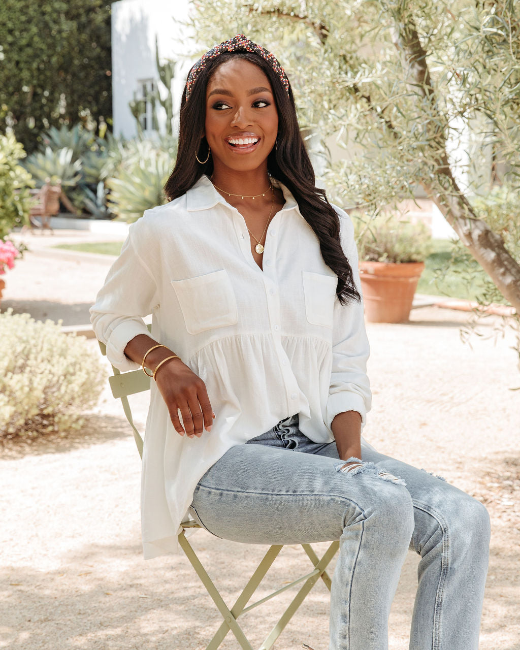 Peaceful Linen Blend Pocketed Button Down Babydoll Top - FINAL SALE