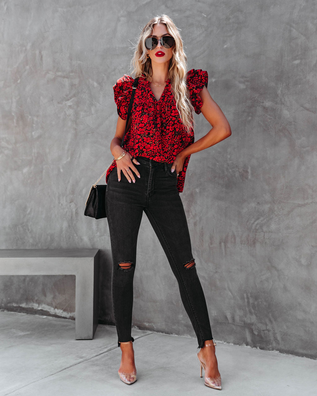 Poppy Fields Ruffle Sleeve Top - Red