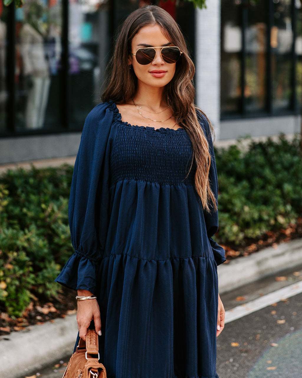 River Pocketed Puff Sleeve Midi Dress - Navy