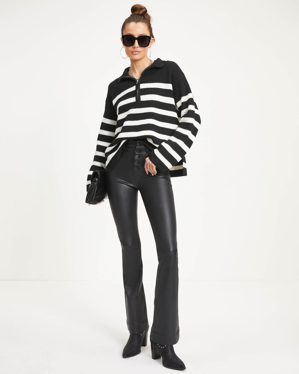 Nyla Striped Knit Half Zip Pullover Sweater - Black/Ivory