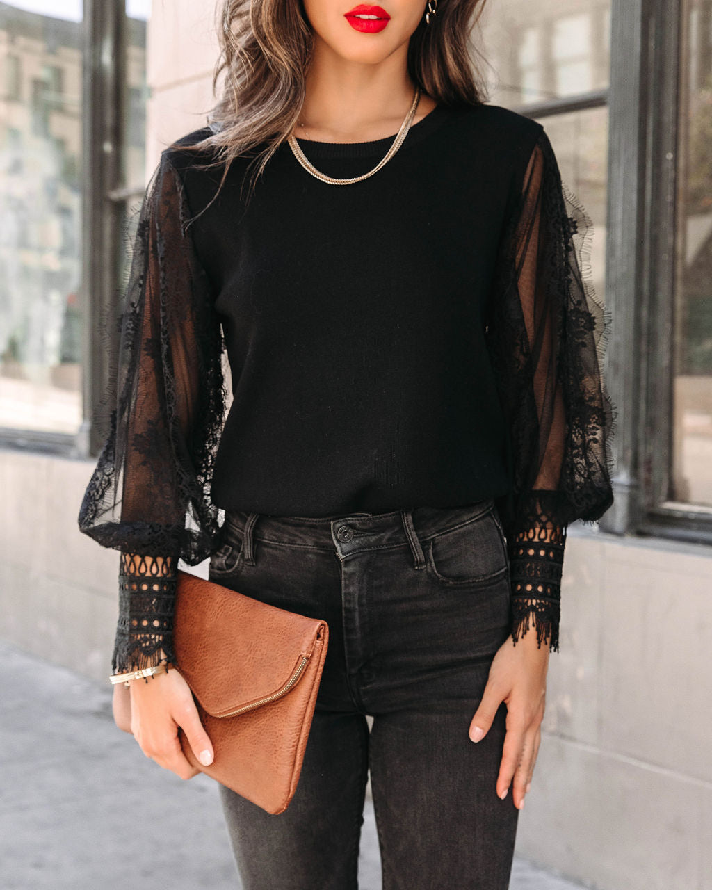 Before The Dawn Lace Sleeve Sweater - Black