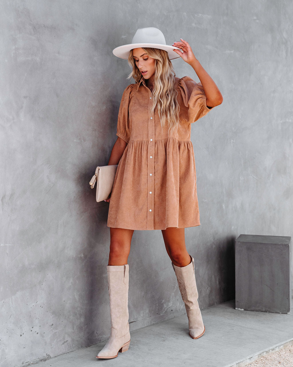 Owen Corduroy Puff Sleeve Babydoll Dress - Camel