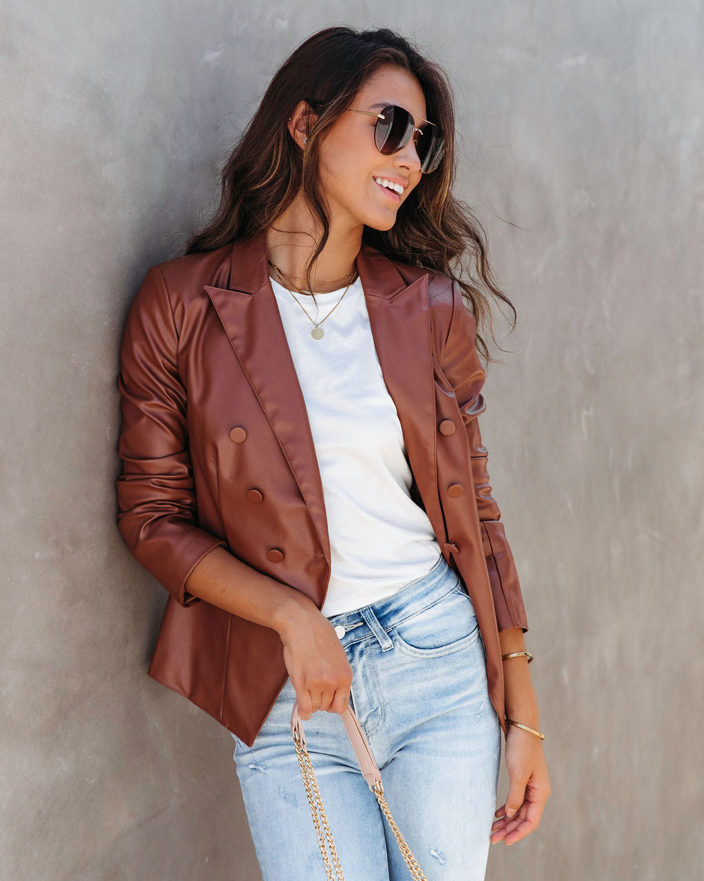 Angelique Faux Leather Blazer - Chestnut