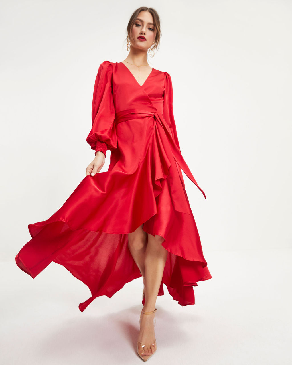 Irresistible Desire Satin Ruffle Maxi Dress - Red