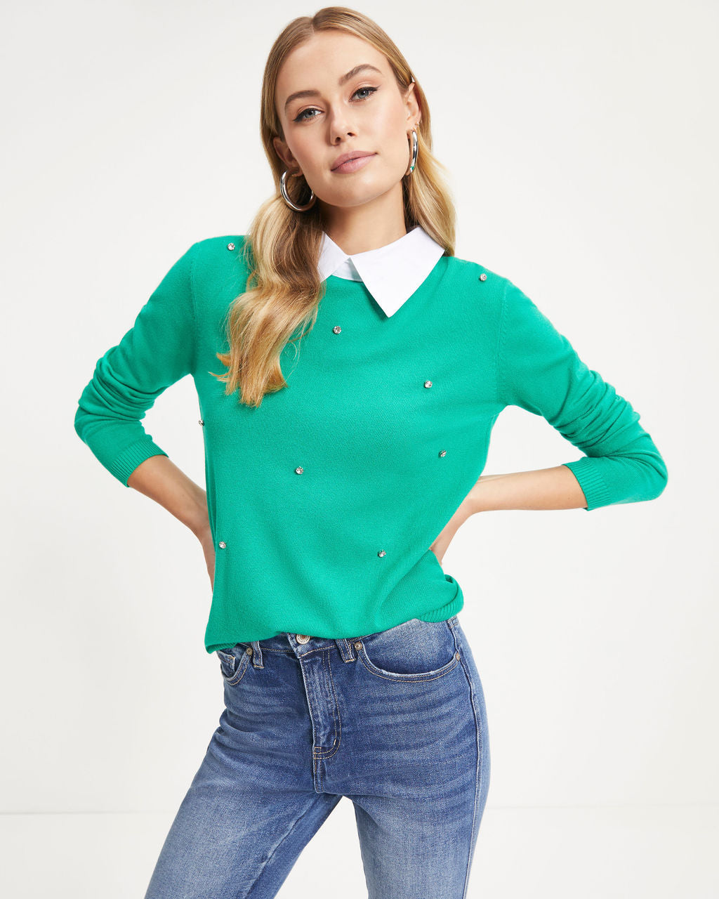 Christabel Embellished Collared Knit Pullover Sweater - Green