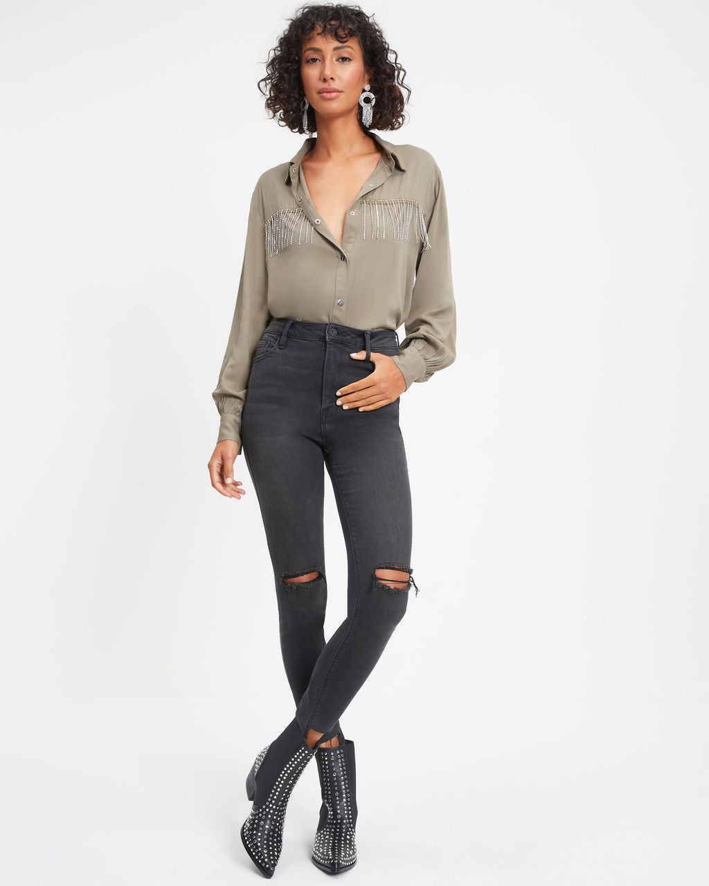 Dolly Glam Rhinestone Fringe Button Down Top - Olive