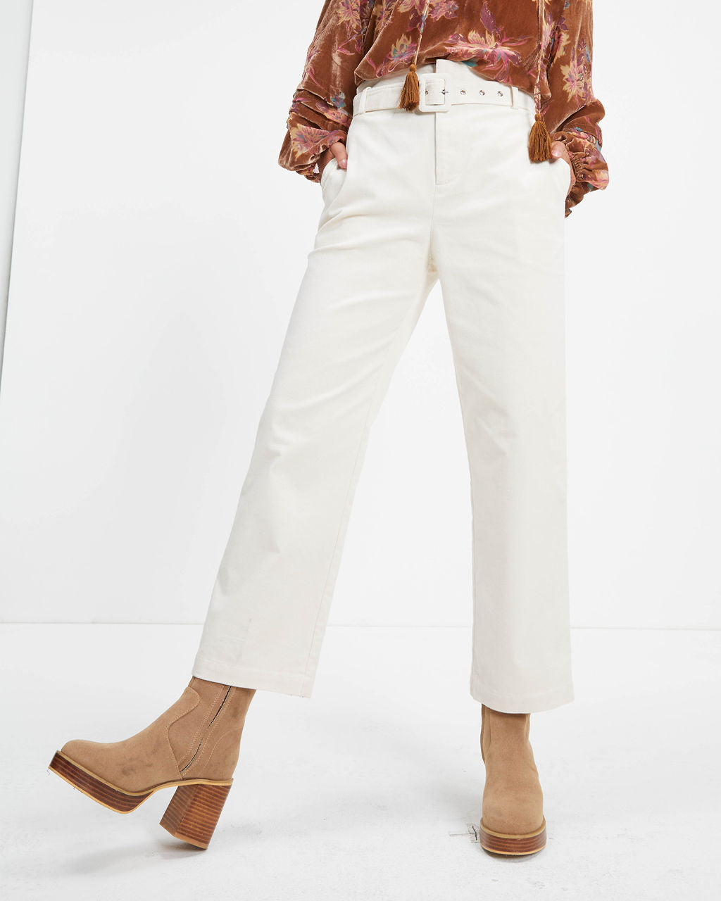 Winner Takes It All Pocketed Belted Corduroy Pants - Ivory