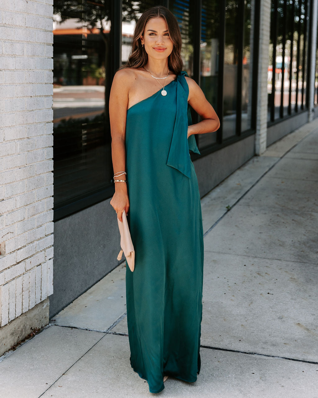 Invite Only Satin One Shoulder Maxi Dress - Dark Green