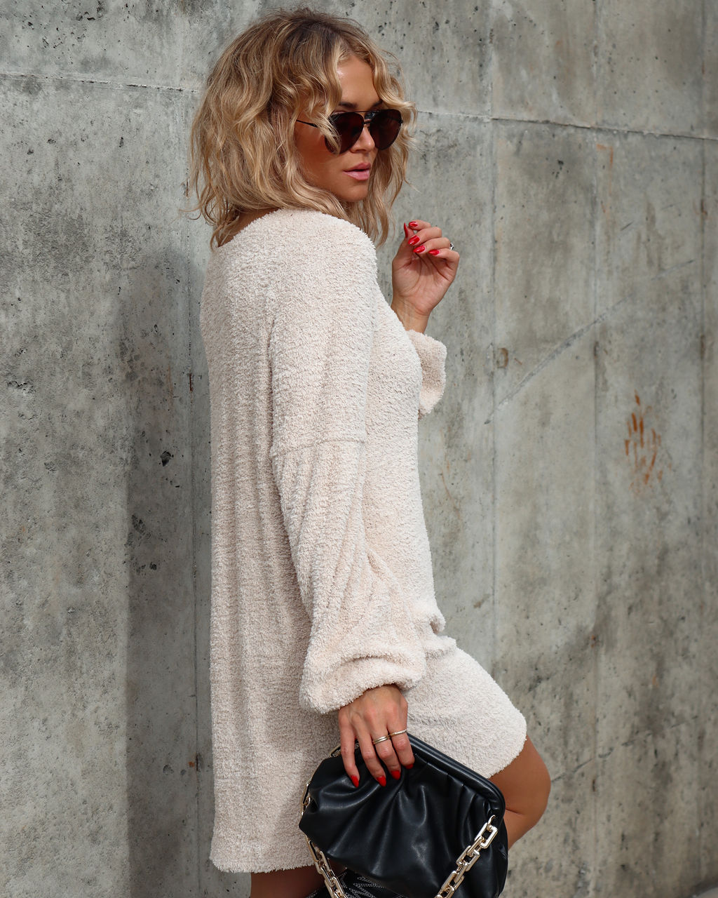 Winter Date Night Chenille Balloon Sleeve Mini Dress - Oatmeal