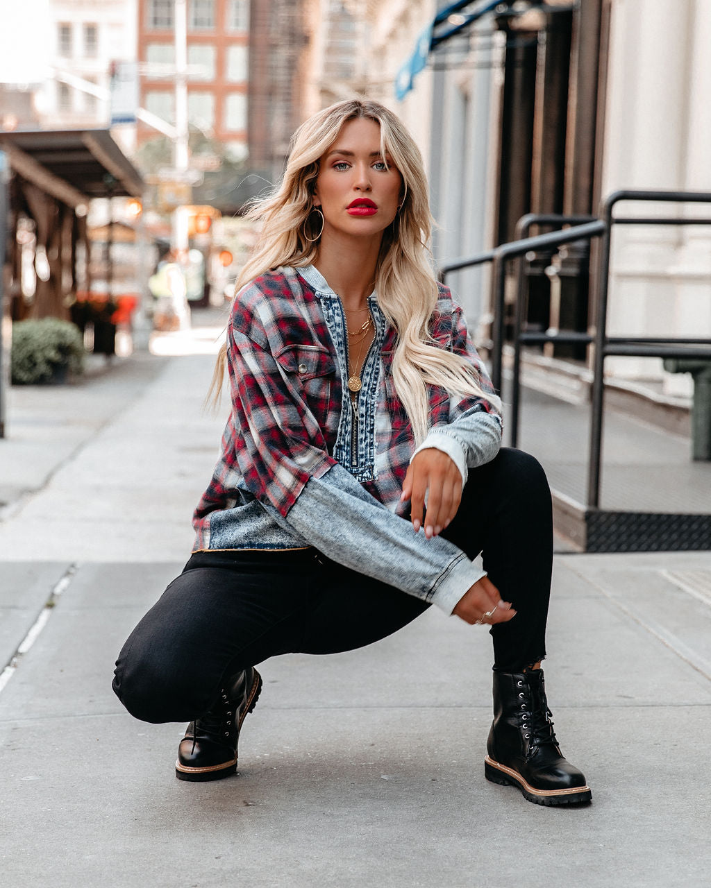 Thea Half Zip Acid Wash Plaid Top