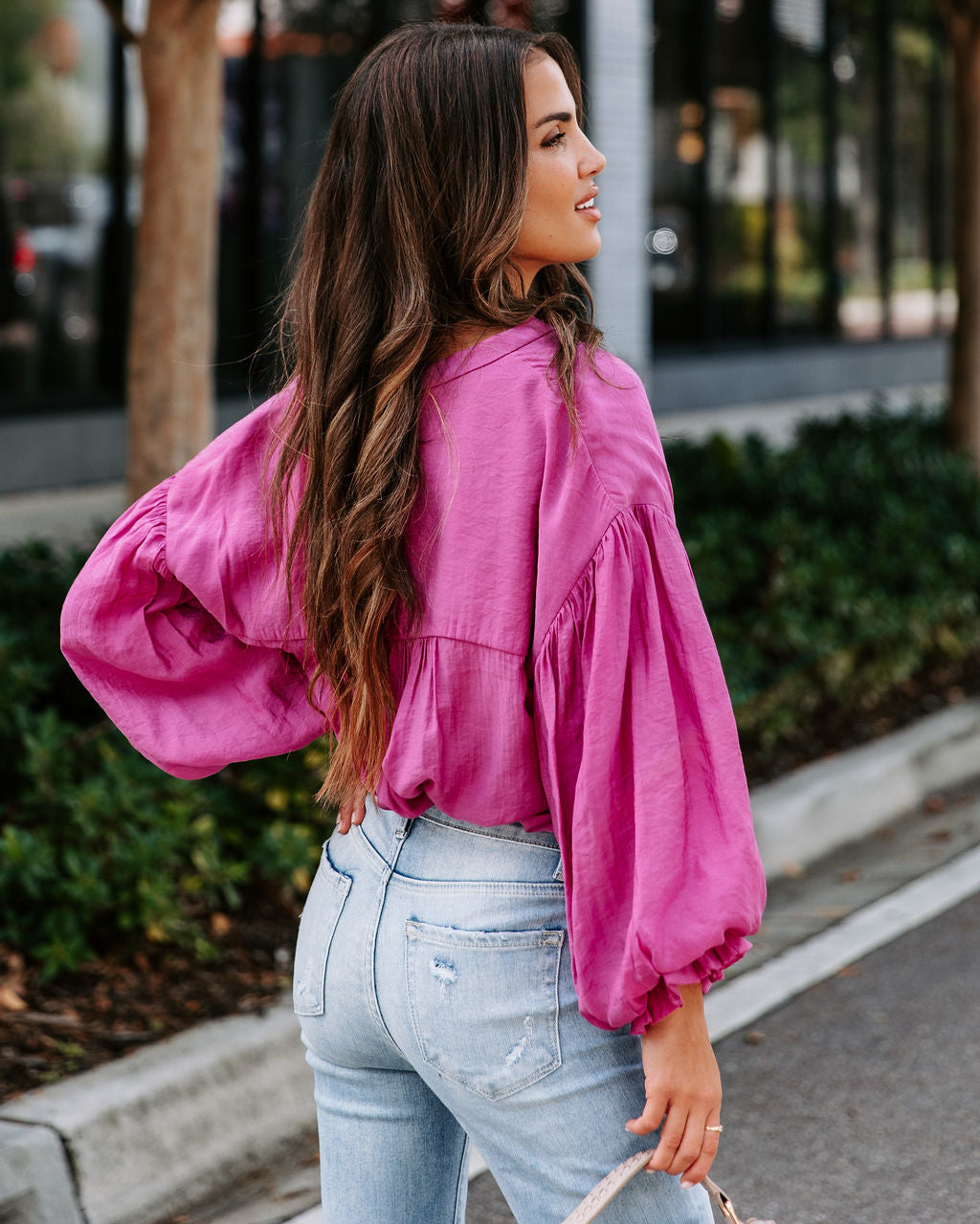 Asher Balloon Sleeve Button Down Top - Magenta - SALE