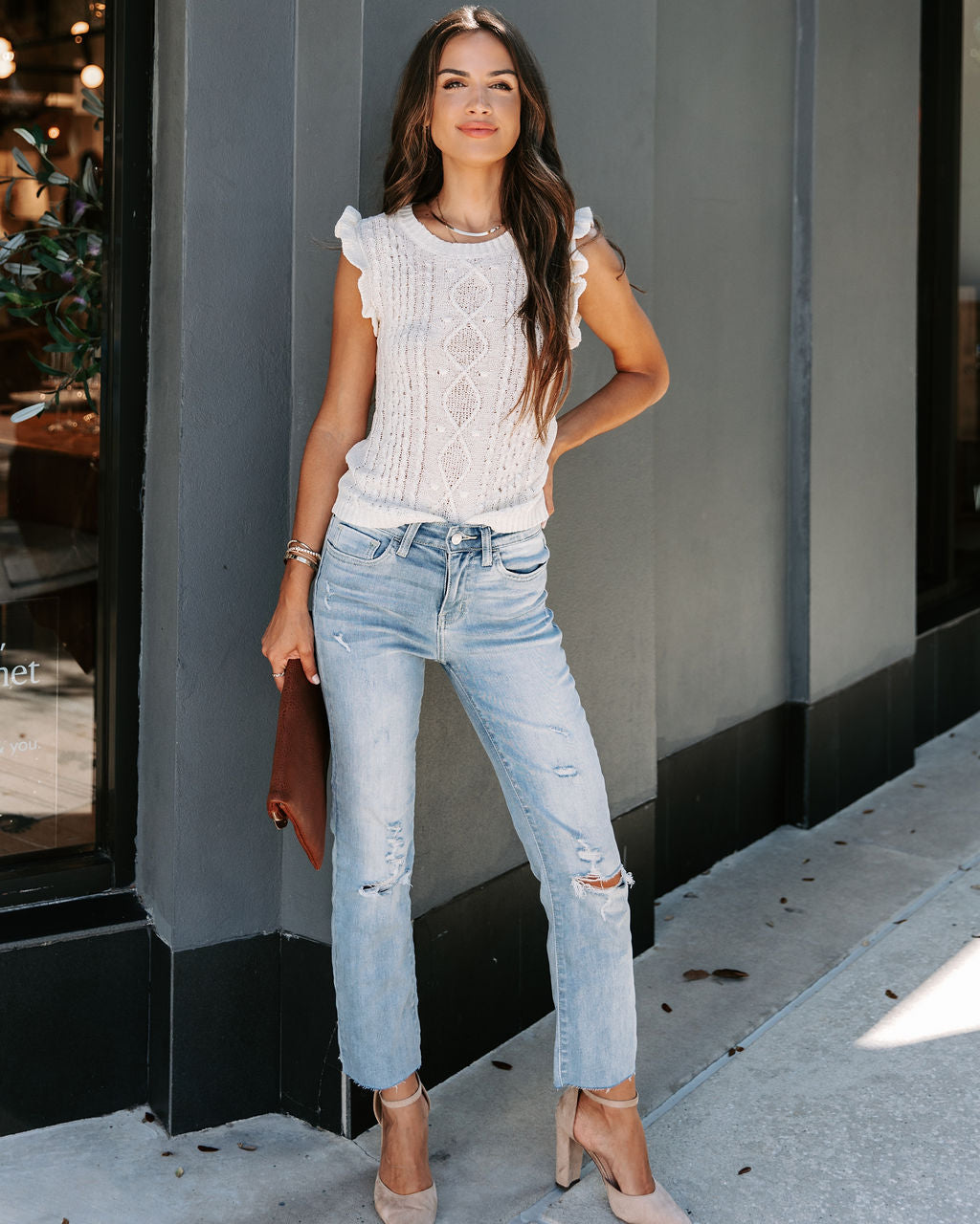 Kinsley Cable Knit Ruffle Sleeve Top - Cream - FINAL SALE