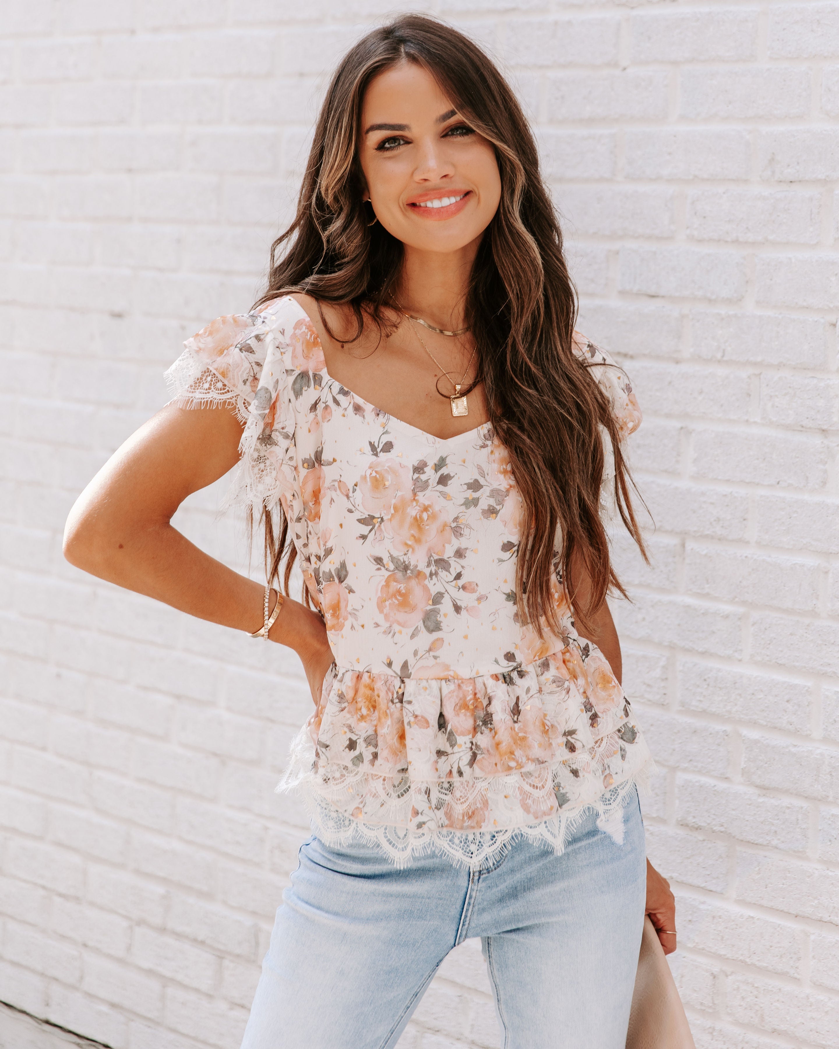 Good Manners Lace Floral Peplum Top - SALE