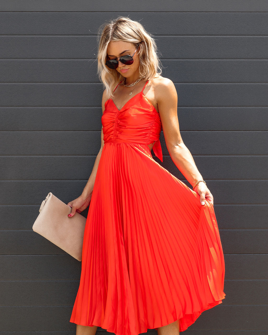Classic Bombshell Satin Pleated Midi Dress - Orange - FINAL SALE