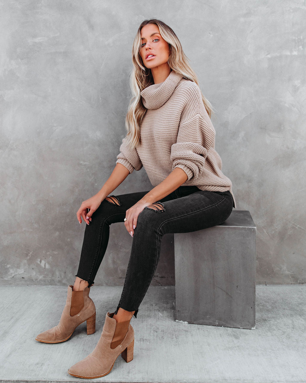 Terrance Cowl Neck Knit Sweater - Light Mocha - SALE