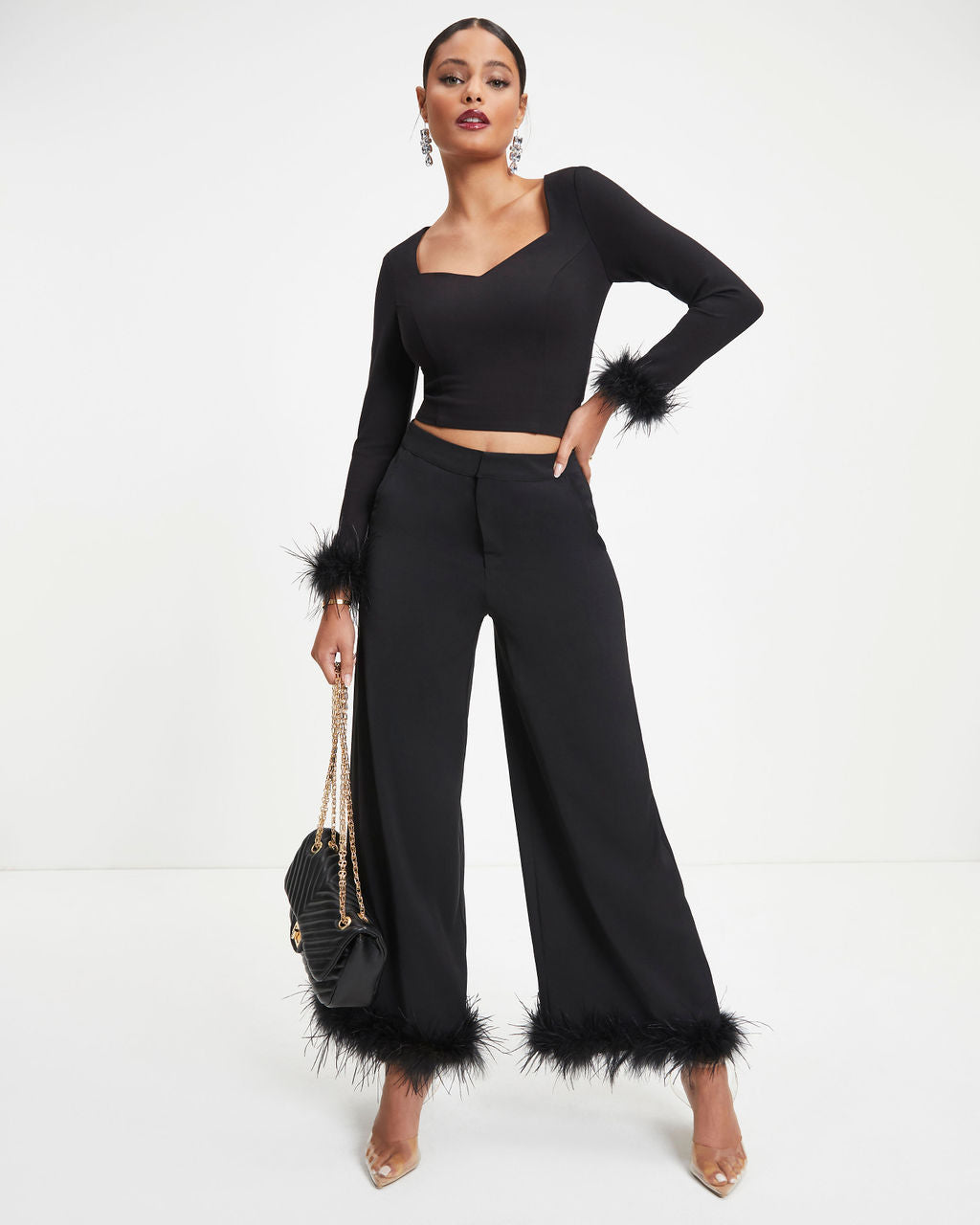 New Lover Feather Trim Long Sleeve Top - Black