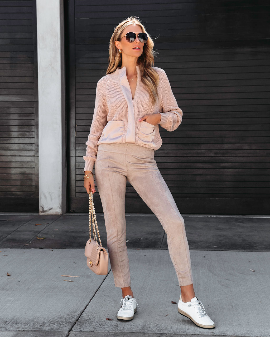 Looking Like A Million Knit Pocketed Satin Zip Up Sweater - Taupe