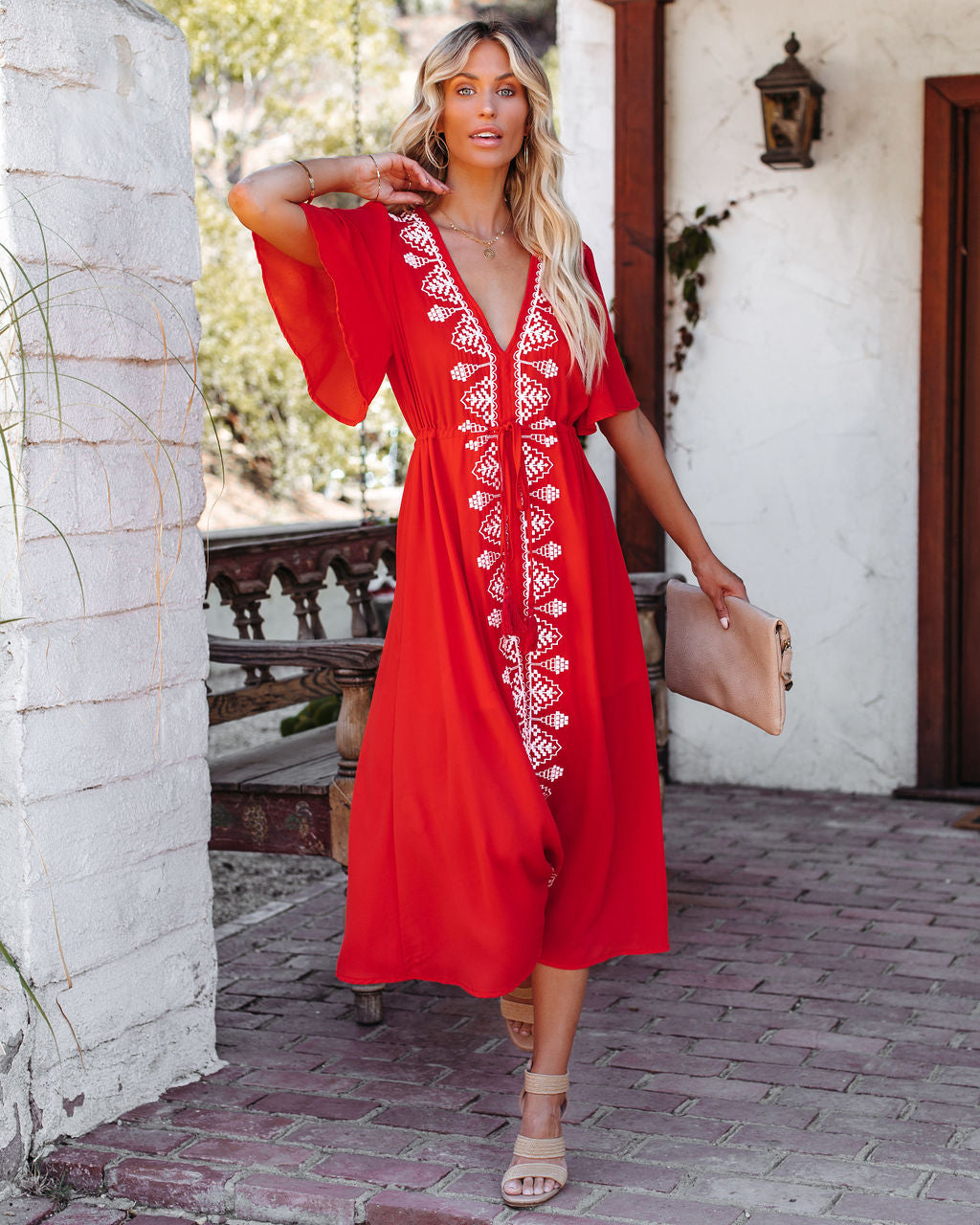 Presidio Embroidered Tassel Midi Dress - Tomato Red - FINAL SALE