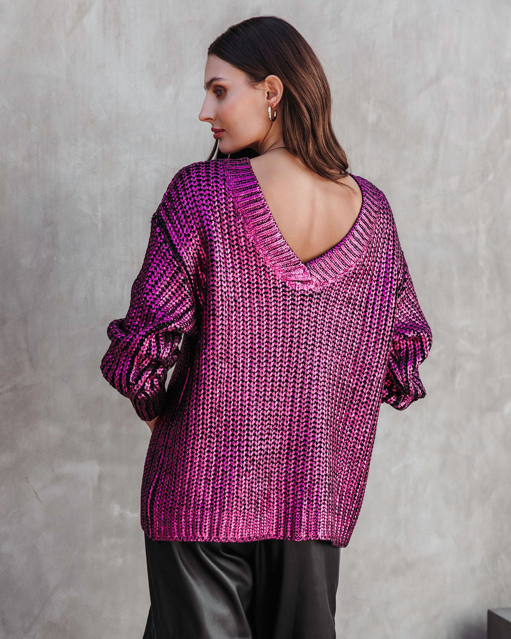 Delightful Cheer Metallic Knit Pullover Sweater - Hot Pink