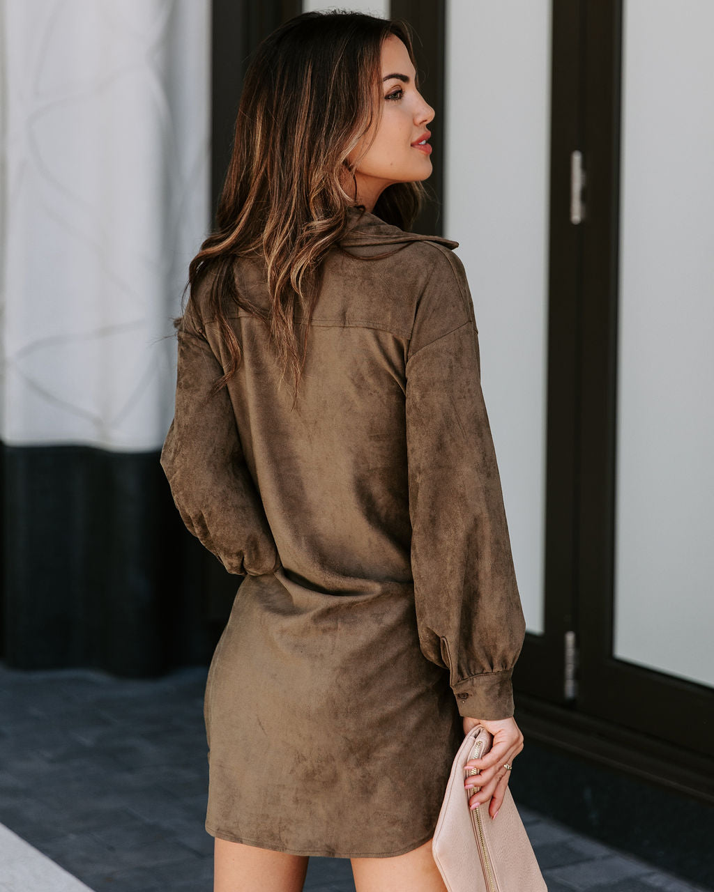Sophistication Baby Faux Suede Front Tie Shirt Dress - Olive