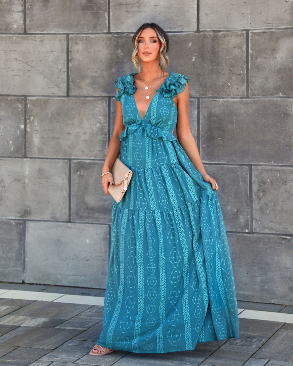 Debbie Embroidered Ruffle Maxi Dress - Teal