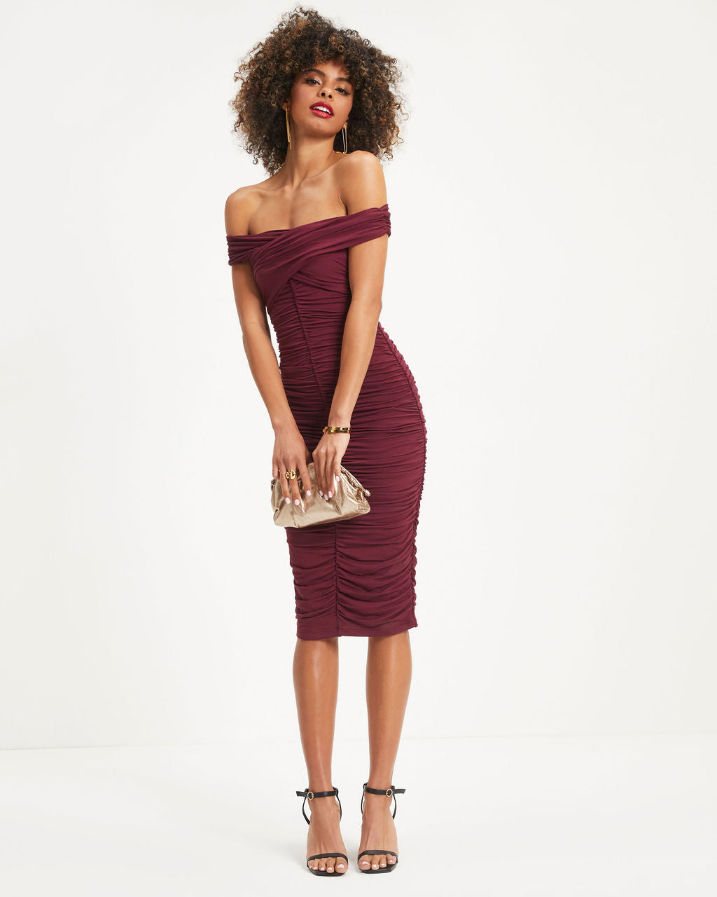 Wilhelmina Off The Shoulder Ruched Midi Dress - Wine