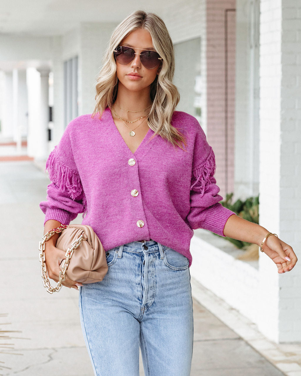 Trixie Fringe Knit Cardigan - Magenta - SALE