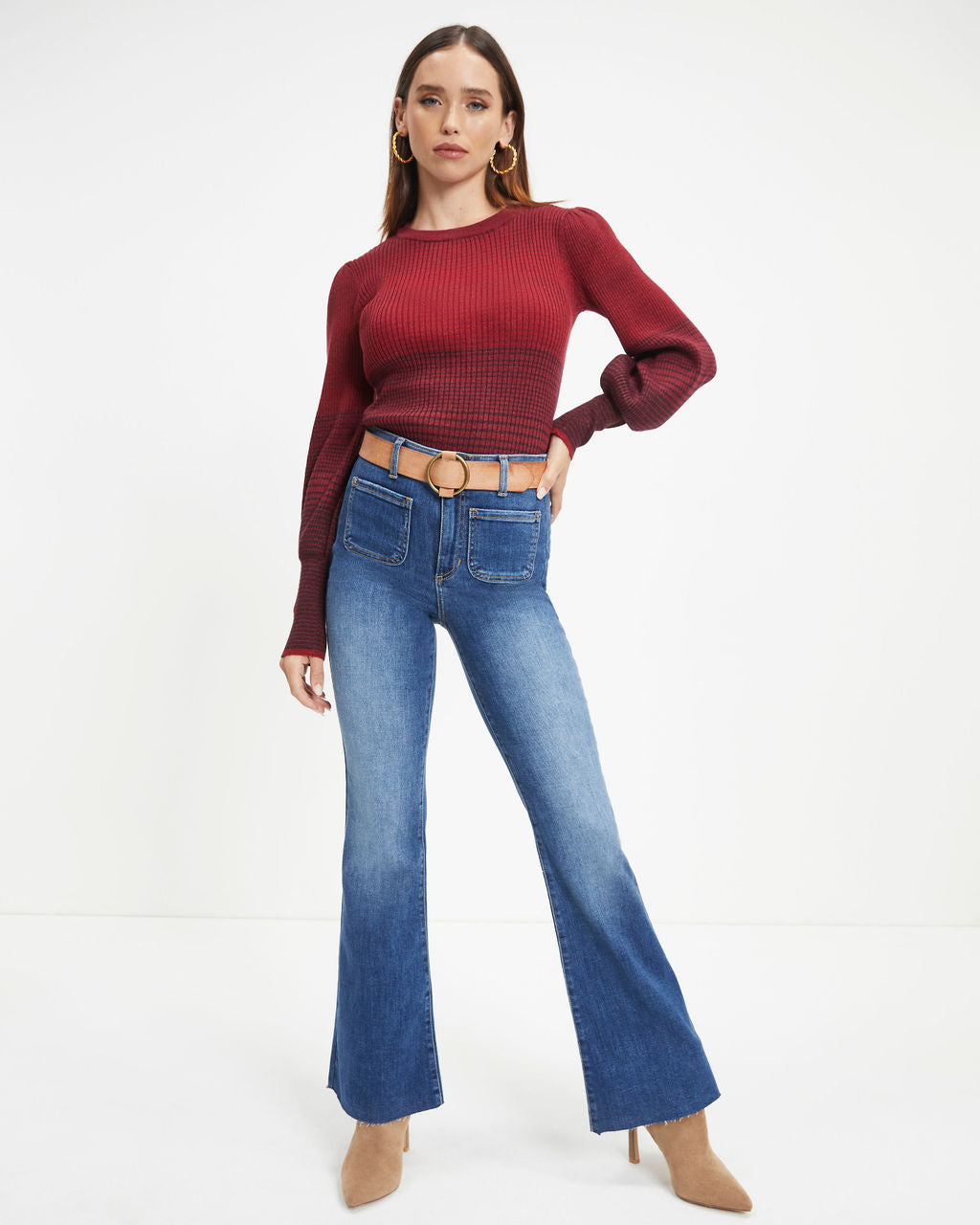 Fall Sunsets Ribbed Balloon Sleeve Pullover Sweater - Wine - FINAL SALE