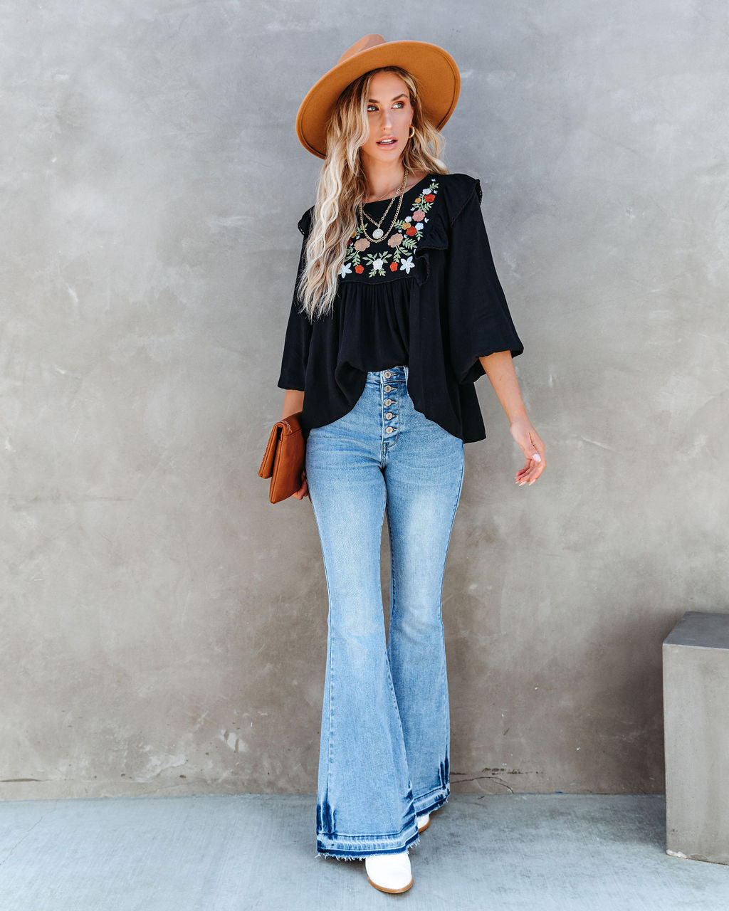 Bohemian Fall Floral Embroidered Babydoll Top - Black - SALE