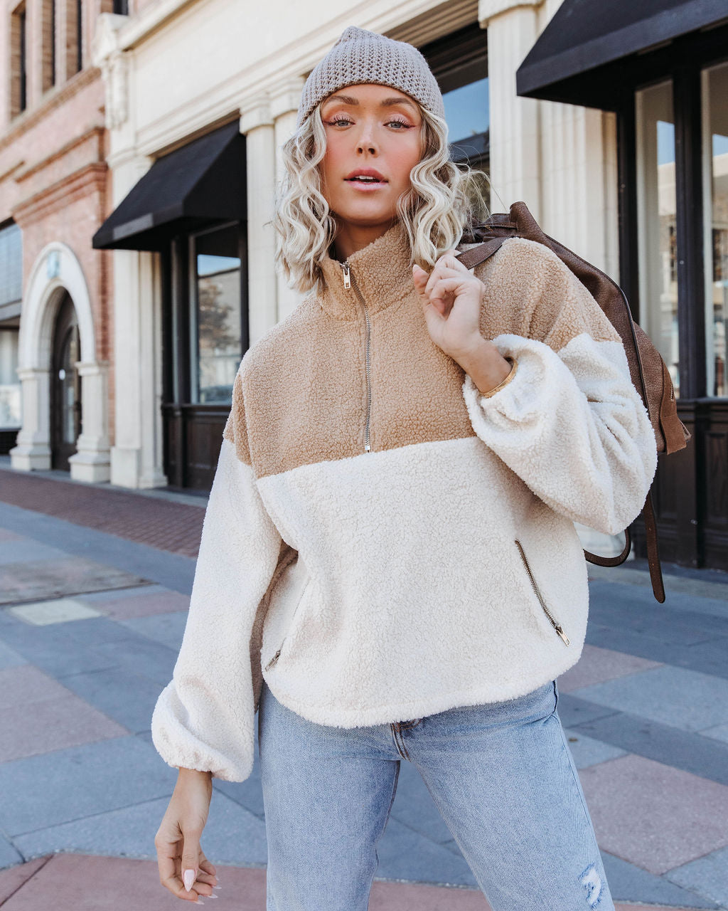 Discovering The World Sherpa Pocketed Half Zip Pullover Sweater - Ivory