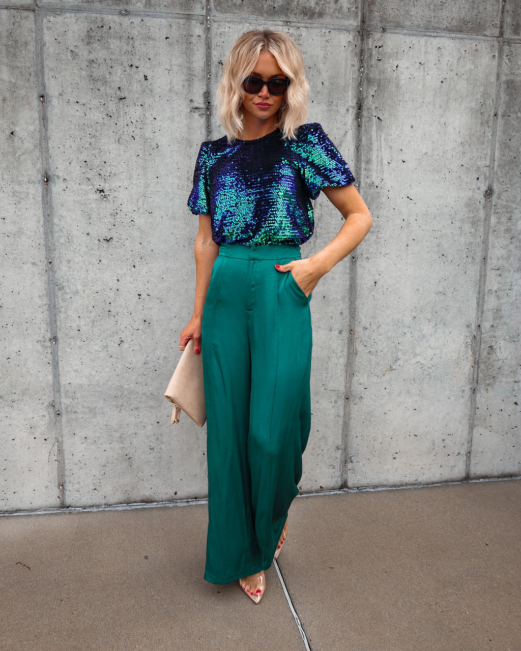 Tinsel Queen Sequin Puff Sleeve Top - Green