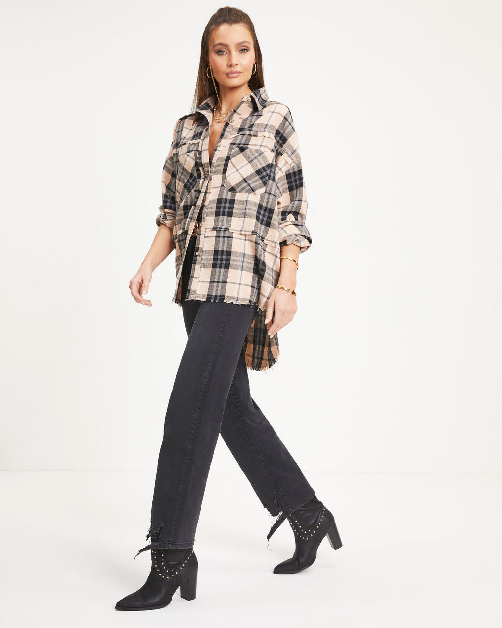 Roberta Plaid Pocketed Oversized Button Down Top