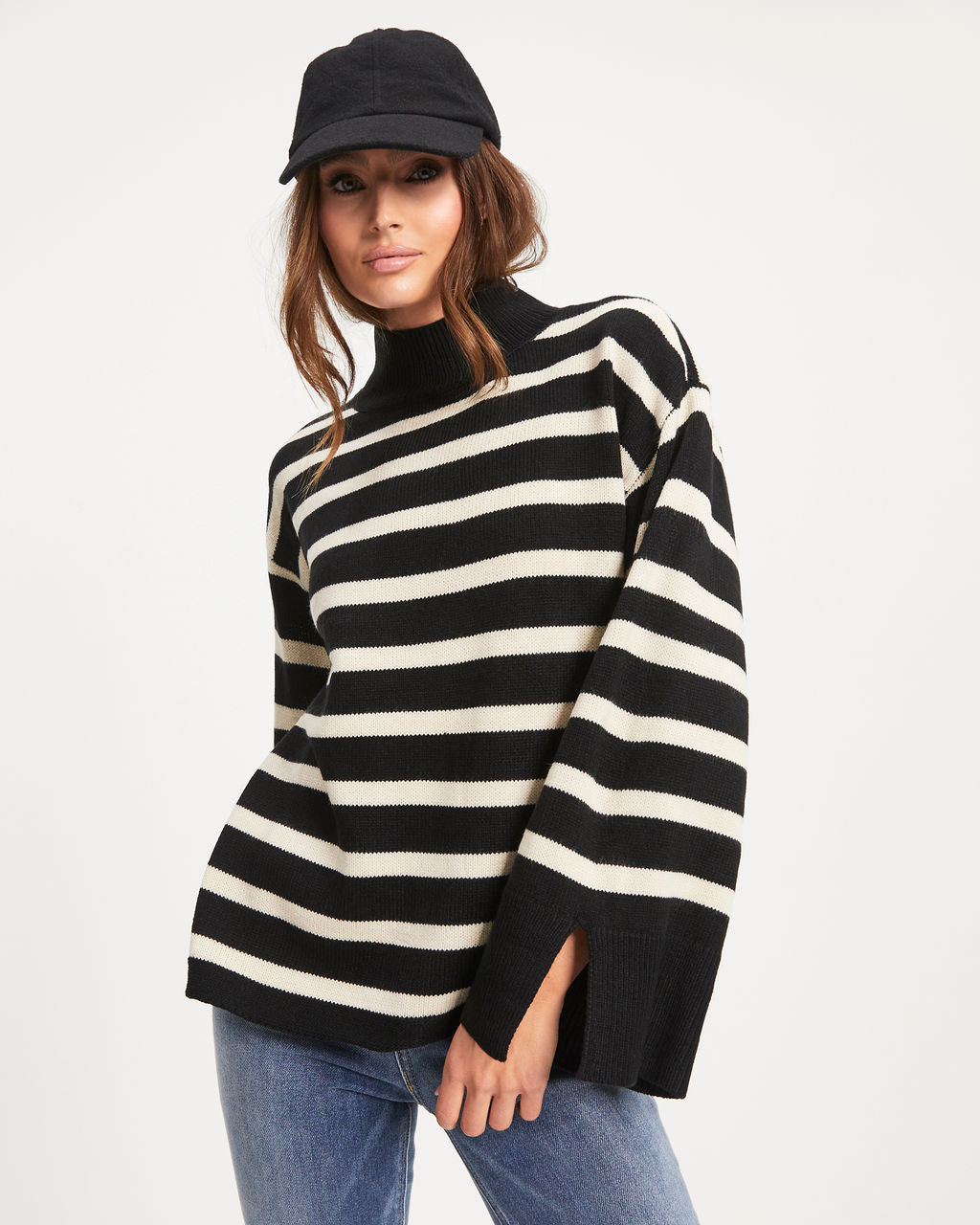Torres Striped Mock Neck Knit Sweater - Black