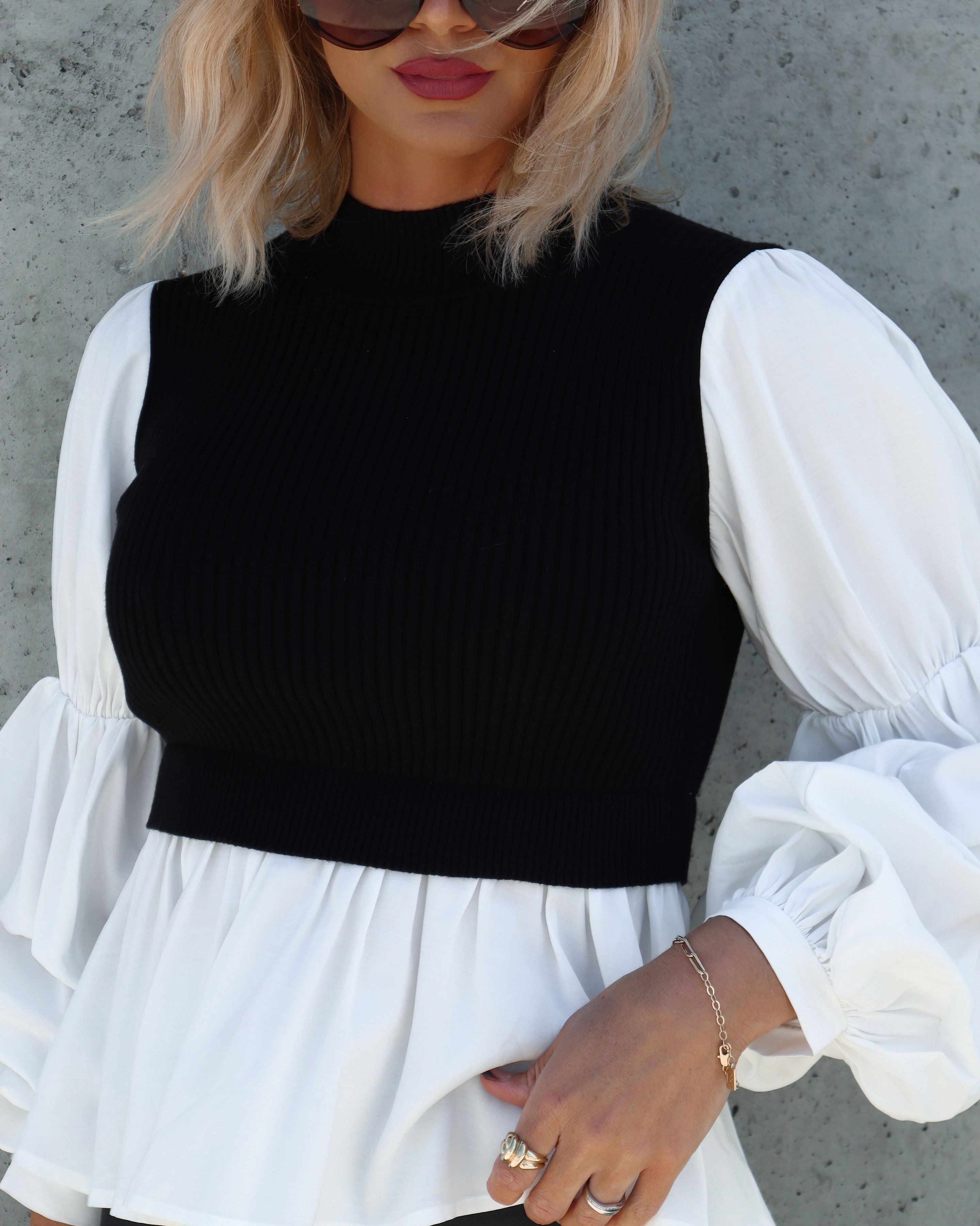 All The Best Contrast Knit Puff Sleeve Top - Black