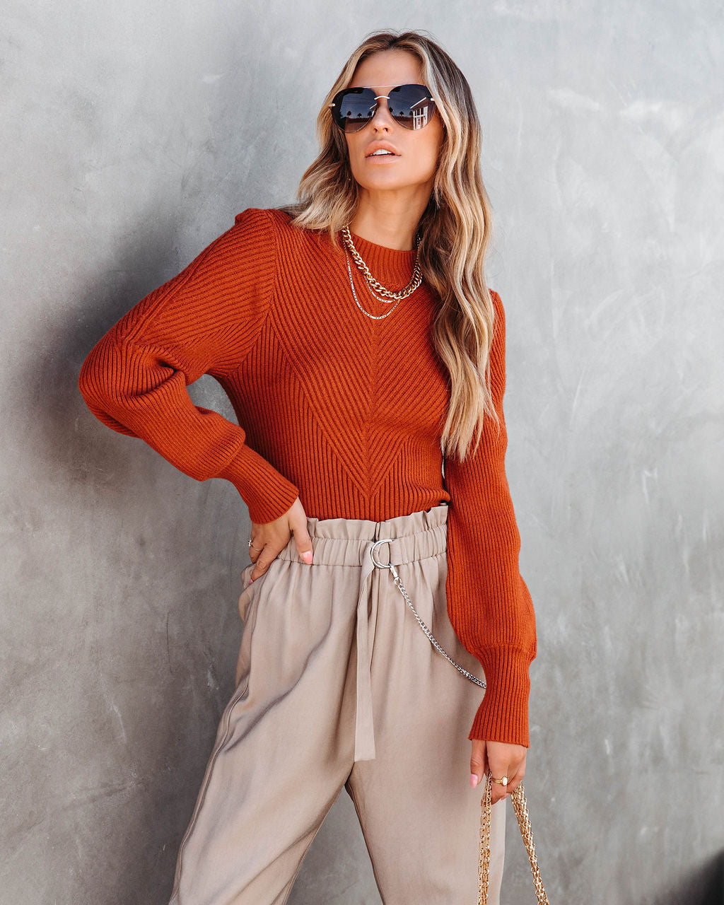 Archie Ribbed Knit Pullover Sweater - Rust