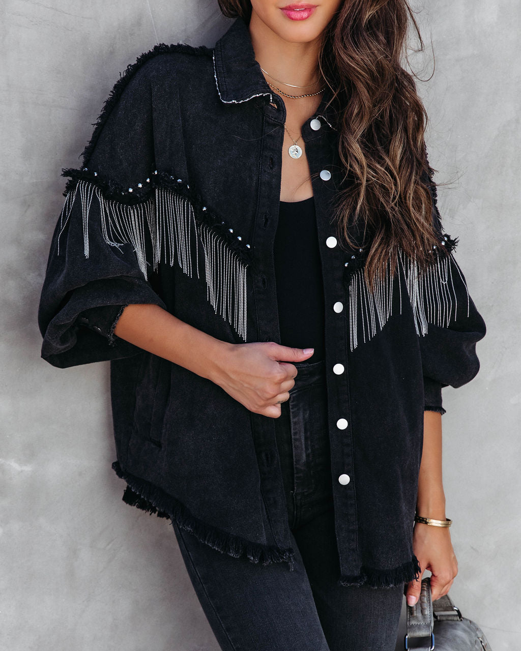 Knightly Pocketed Studded Fringe Lightweight Jacket - Black