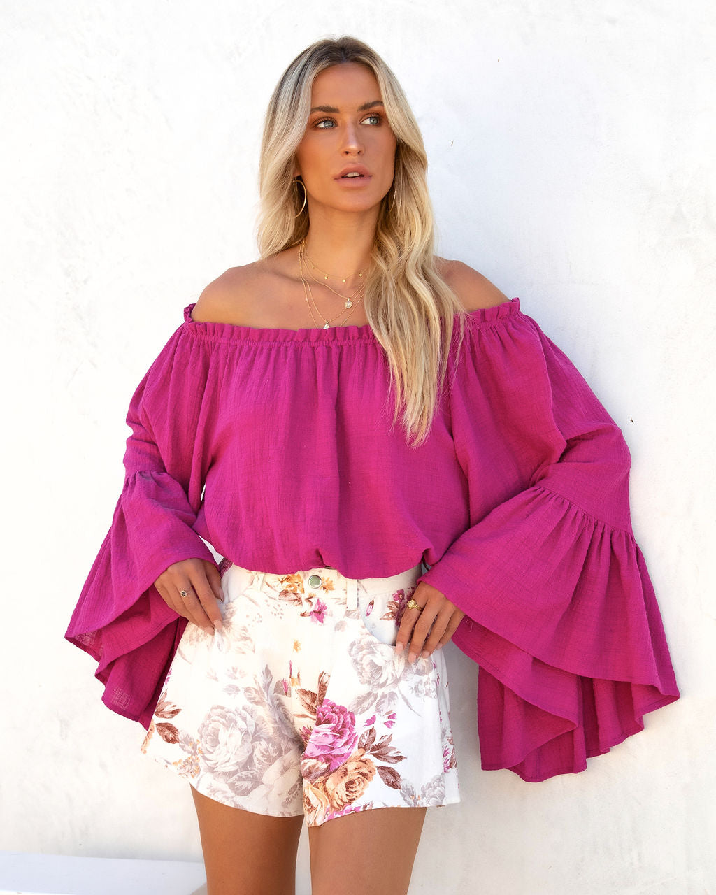 Herrera Cotton Off The Shoulder Bell Sleeve Top - Fuchsia - FINAL SALE