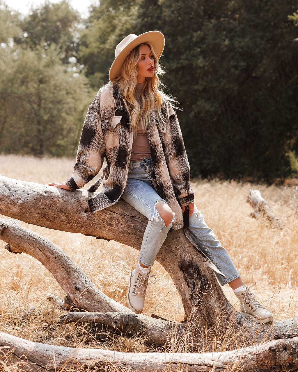 Pike Pocketed Belted Plaid Shacket - Dark Brown