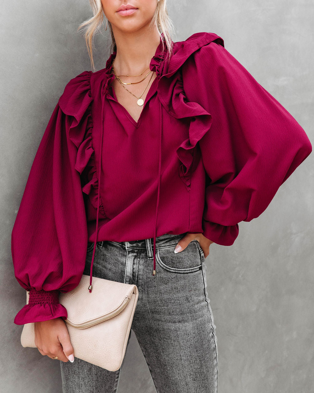 Marion Ruffle Long Sleeve Top - Burgundy