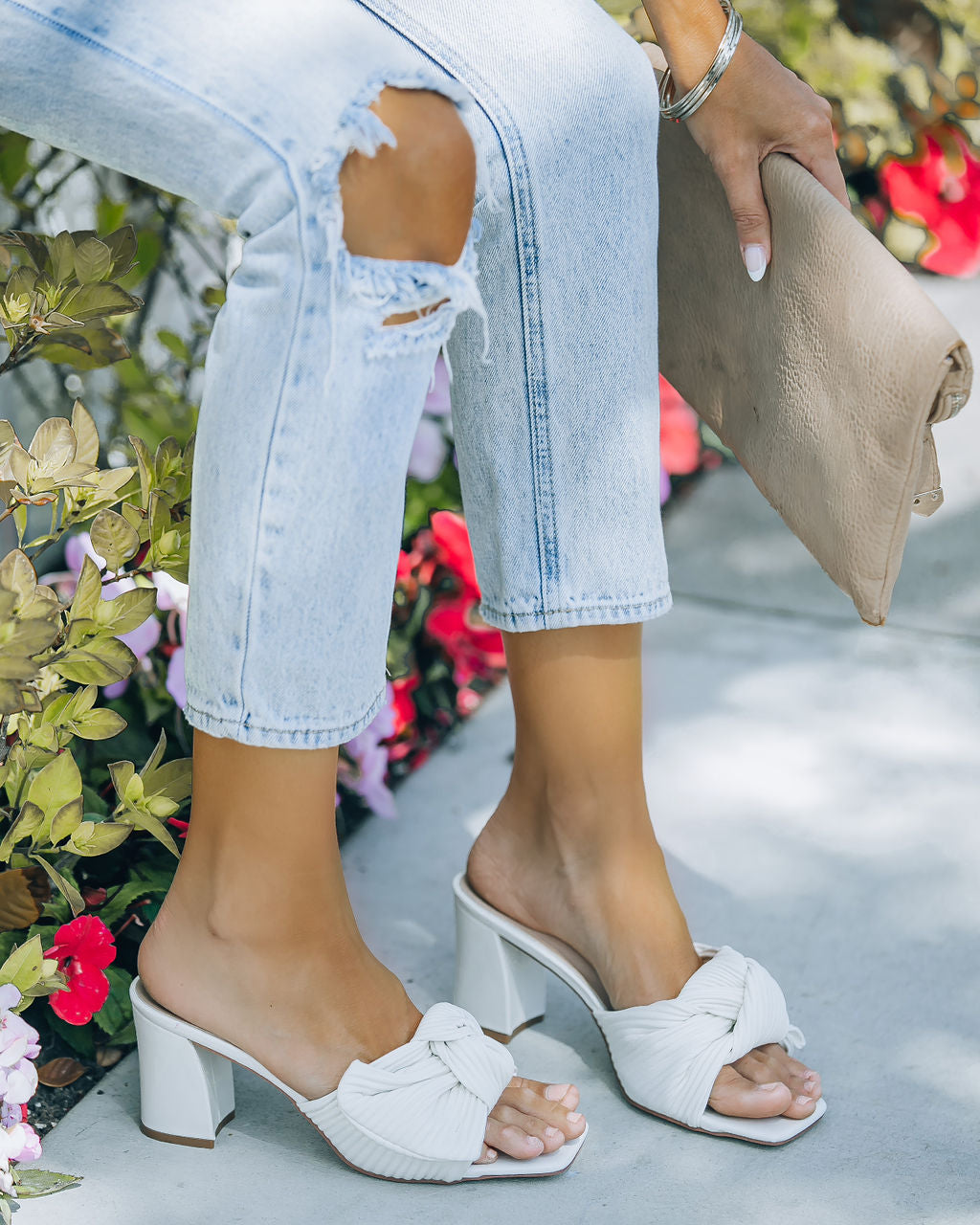 Colette Pleated Faux Leather Block Heel-White - FINAL SALE