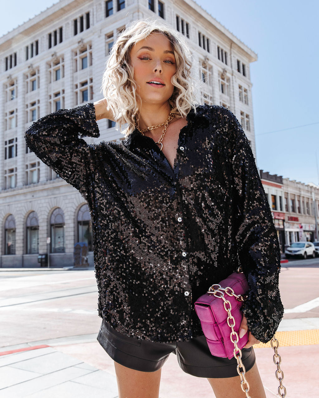 Be A Star Sequins Button Down Top - Black