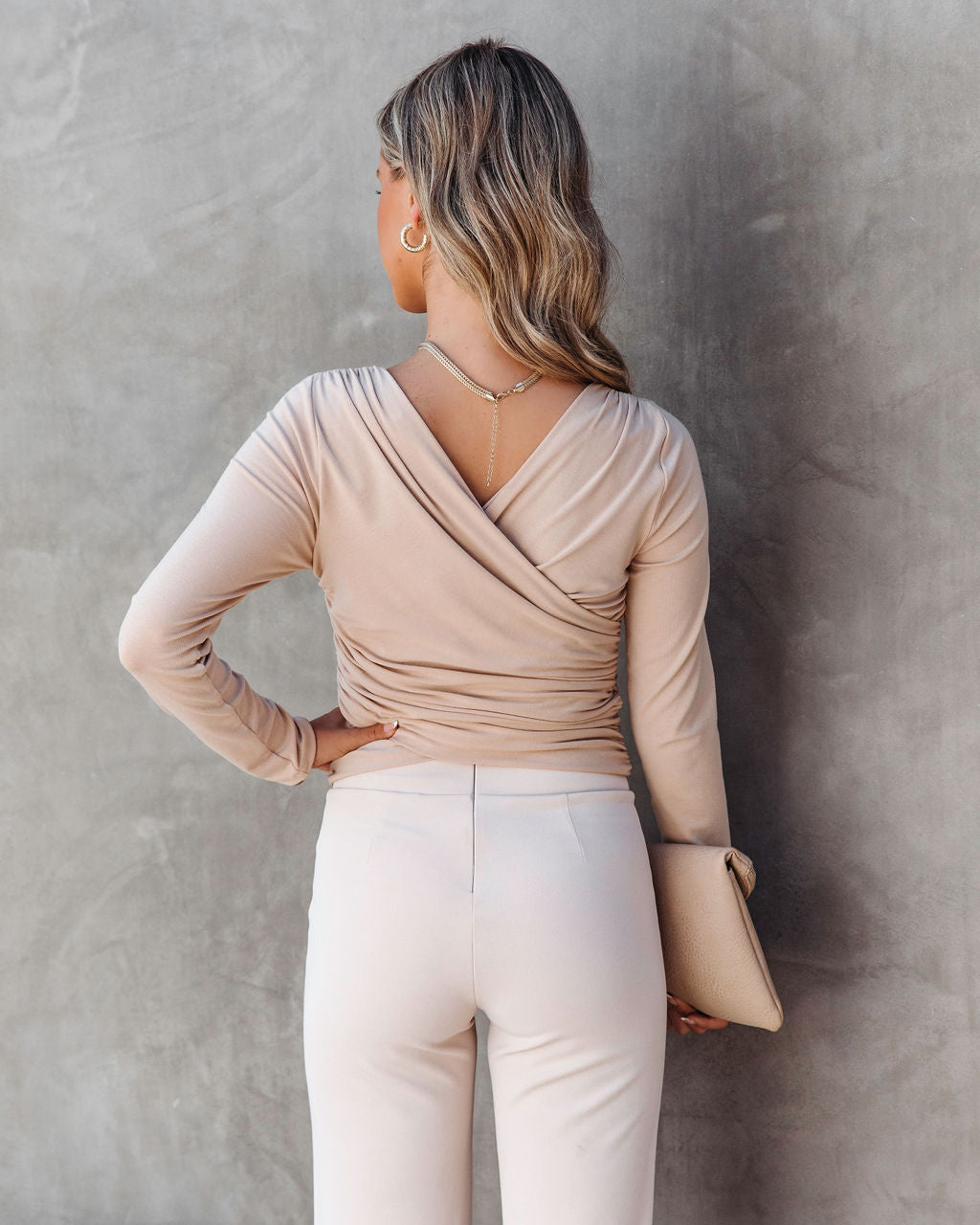 Cece Drape Long Sleeve Top - Beige