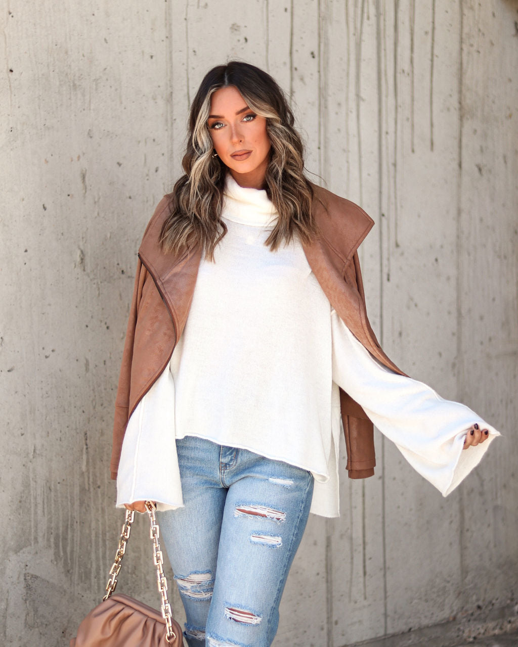 Unfinished Biz Knit Turtleneck Pullover Sweater - Cream