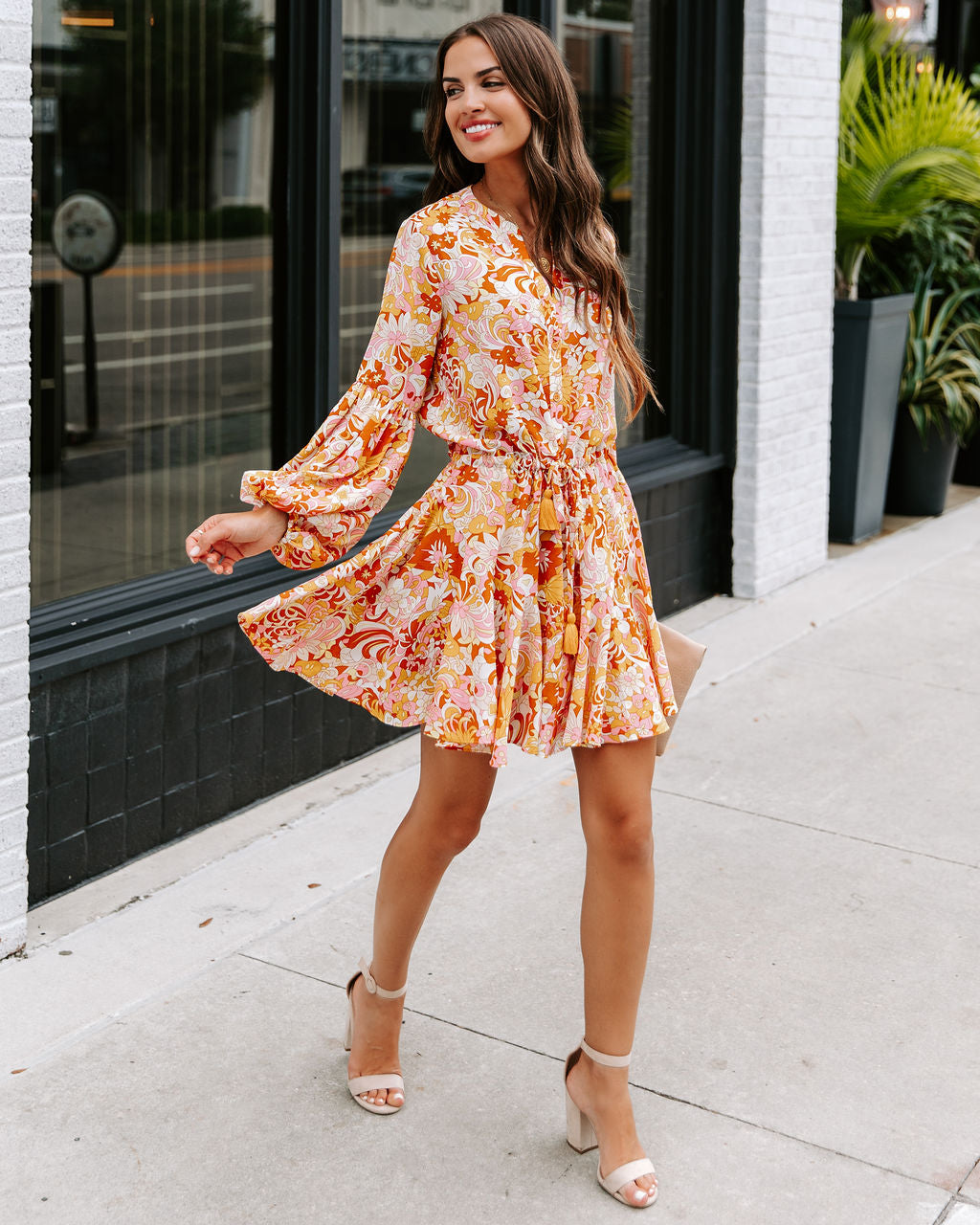 Groovy Doll Floral Adjustable Balloon Sleeve Dress