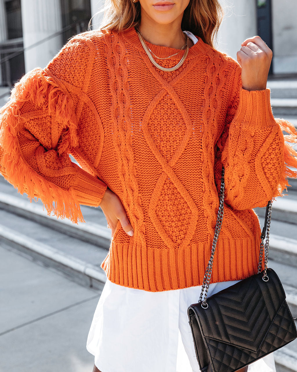 Sun Goes Down Cable Knit Fringe Pullover Sweater - Orange