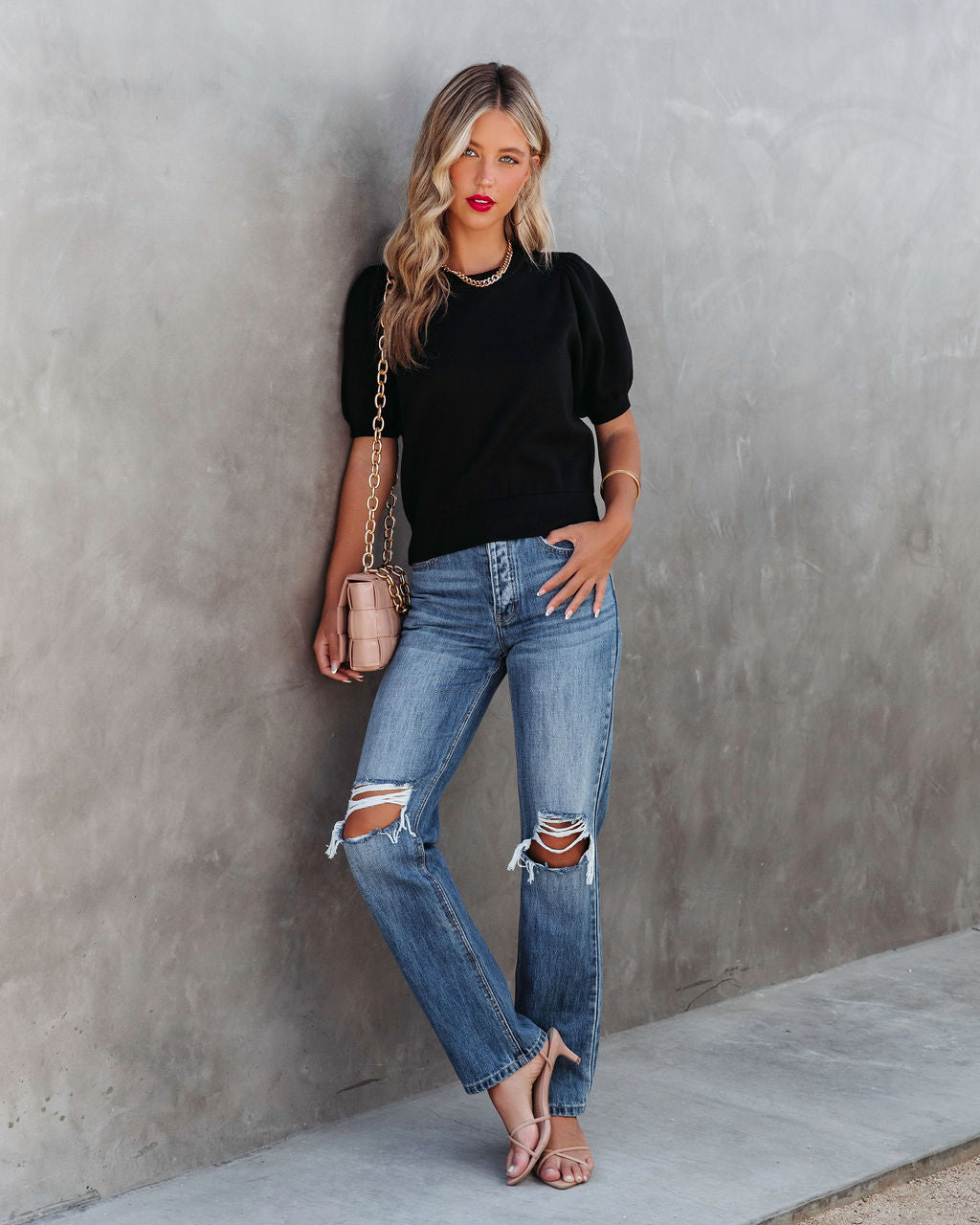 Livia Puff Sleeve Knit Sweater Top - Black